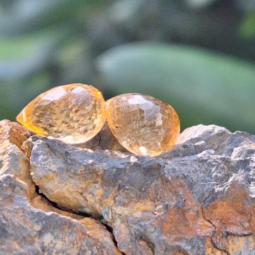 9.25 Carat Matched Set of Citrine Briolette Beads, NWT, Drilled, 12mmx8mm